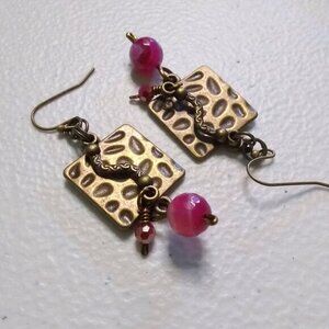 Artisan Bronze Earrings with Pink Agate ~ Rustic Meets Romantic ~ Boho City Chic